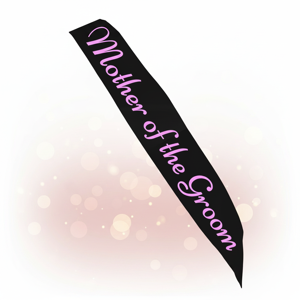 Black hen party Mother of the Groom sash with pink writing on elegant blush and gold celebration background