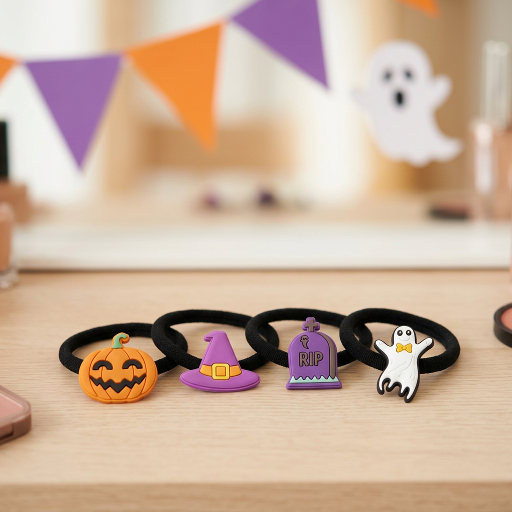 Pumpkin, witch hat, gravestone and ghost hair bobbles on a dressing table with Halloween decorations