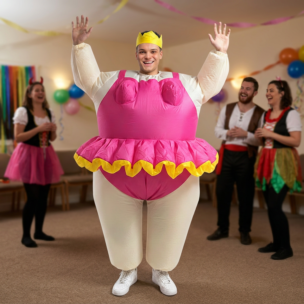 Smiling man raising his arms while wearing the inflatable ballerina costume at a fancy dress party.