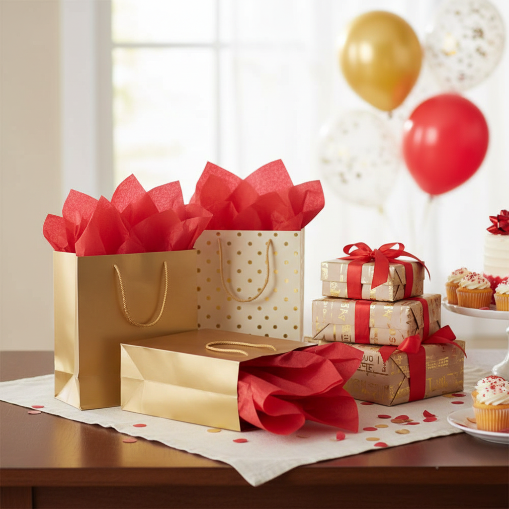 Birthday celebration table scene with red tissue paper in gift bags