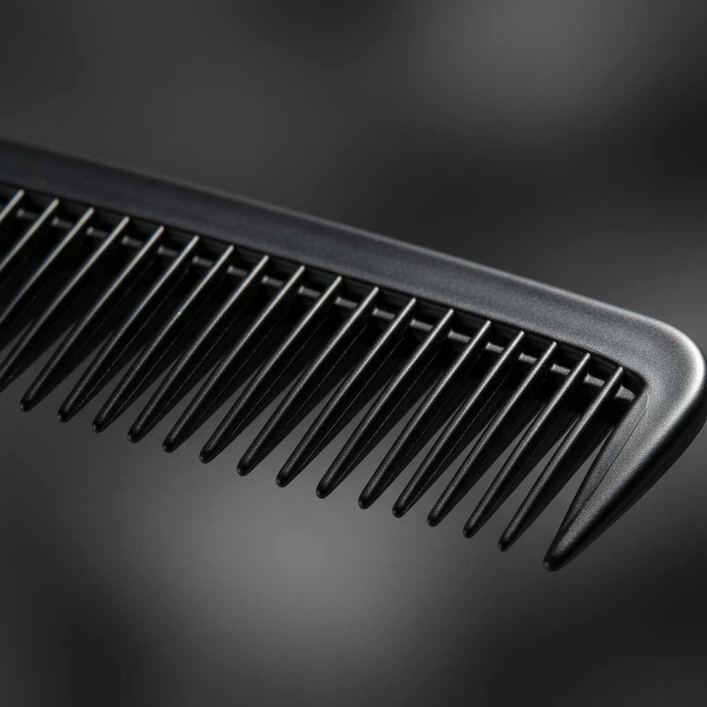 Extreme macro close-up of jet black professional hair comb teeth showing smooth snag-free quality and precision moulding