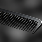 Extreme macro close-up of jet black professional hair comb teeth showing smooth snag-free quality and precision moulding
