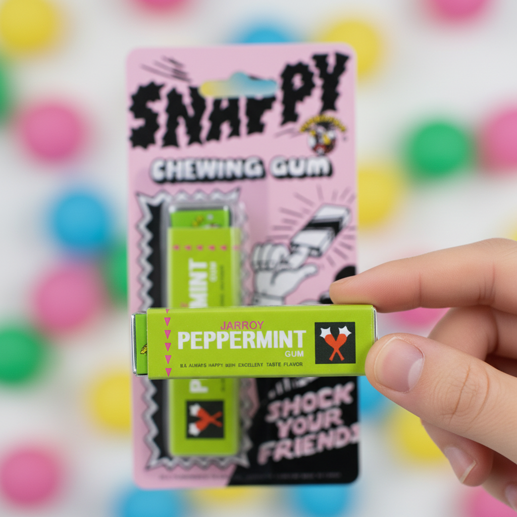 Close-up hand holding lime green Jarroy Peppermint Gum snap prank pack with Funnyman Snappy Chewing Gum pink blister card behind