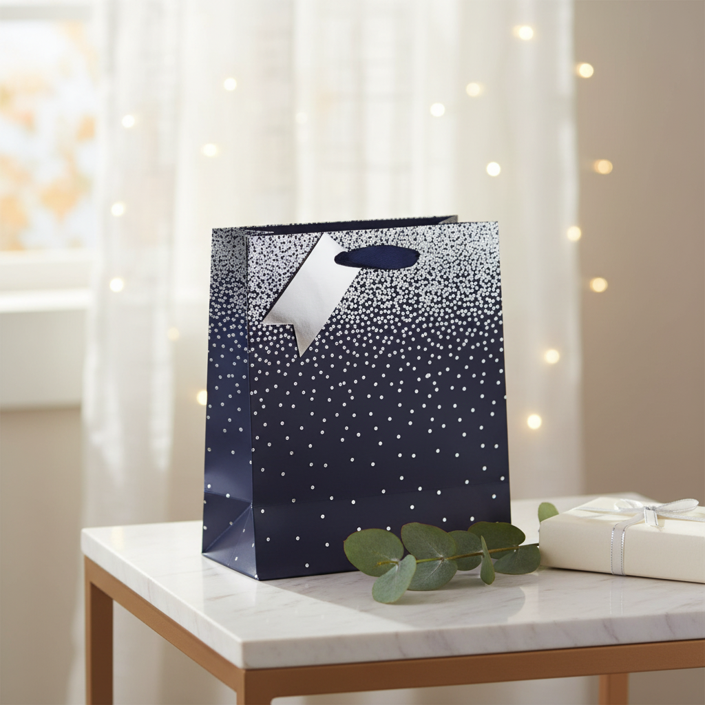Navy ombre gift bag with silver ribbon bow styled on a marble surface with eucalyptus and fairy lights in a home interior setting