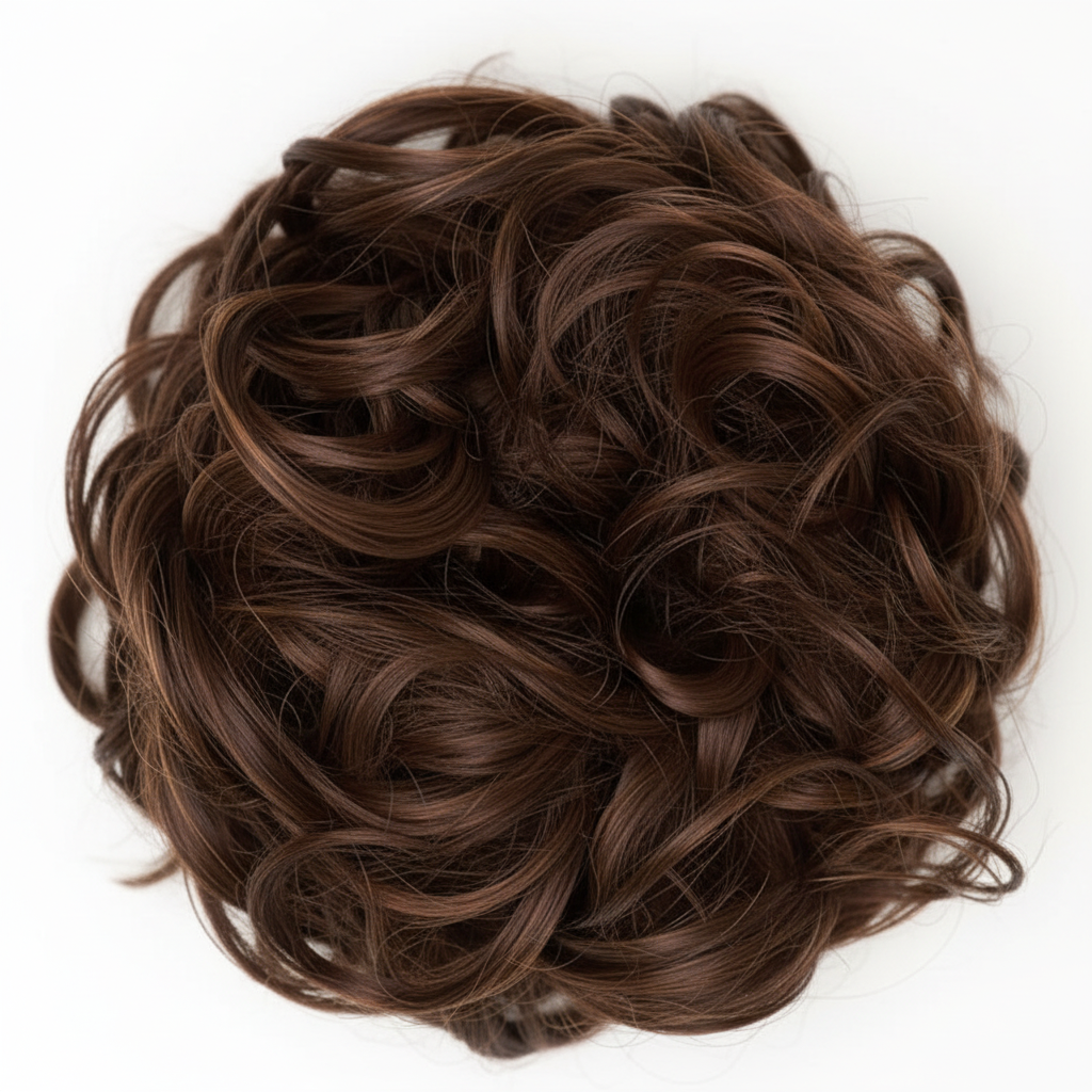 Extreme macro close-up of warm chestnut brown curly hair bun 6 Daylillies showing individual curl texture, toffee caramel undertones and strand craftsmanship
