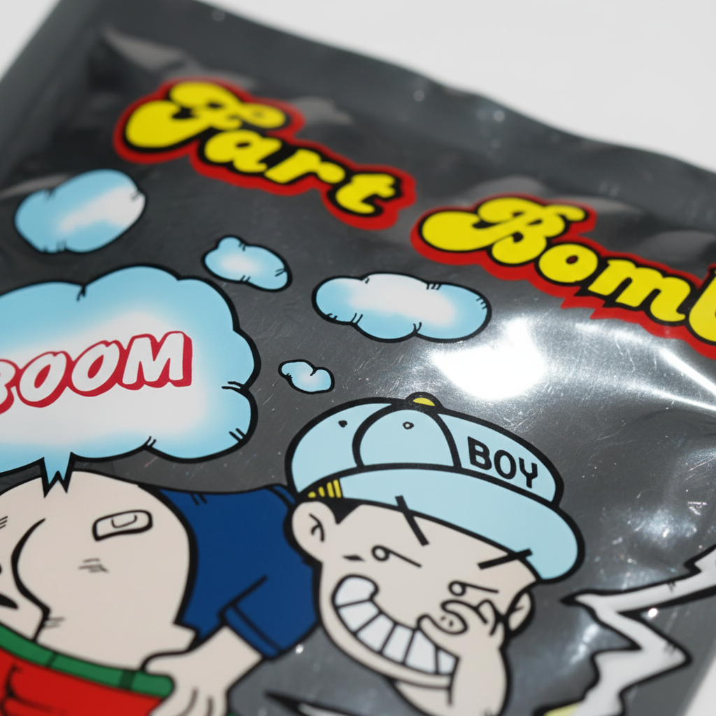 Extreme macro close-up of Henbrandt Silver Fart Bomb Bag metallic foil texture and yellow Fart Bomb cartoon print detail