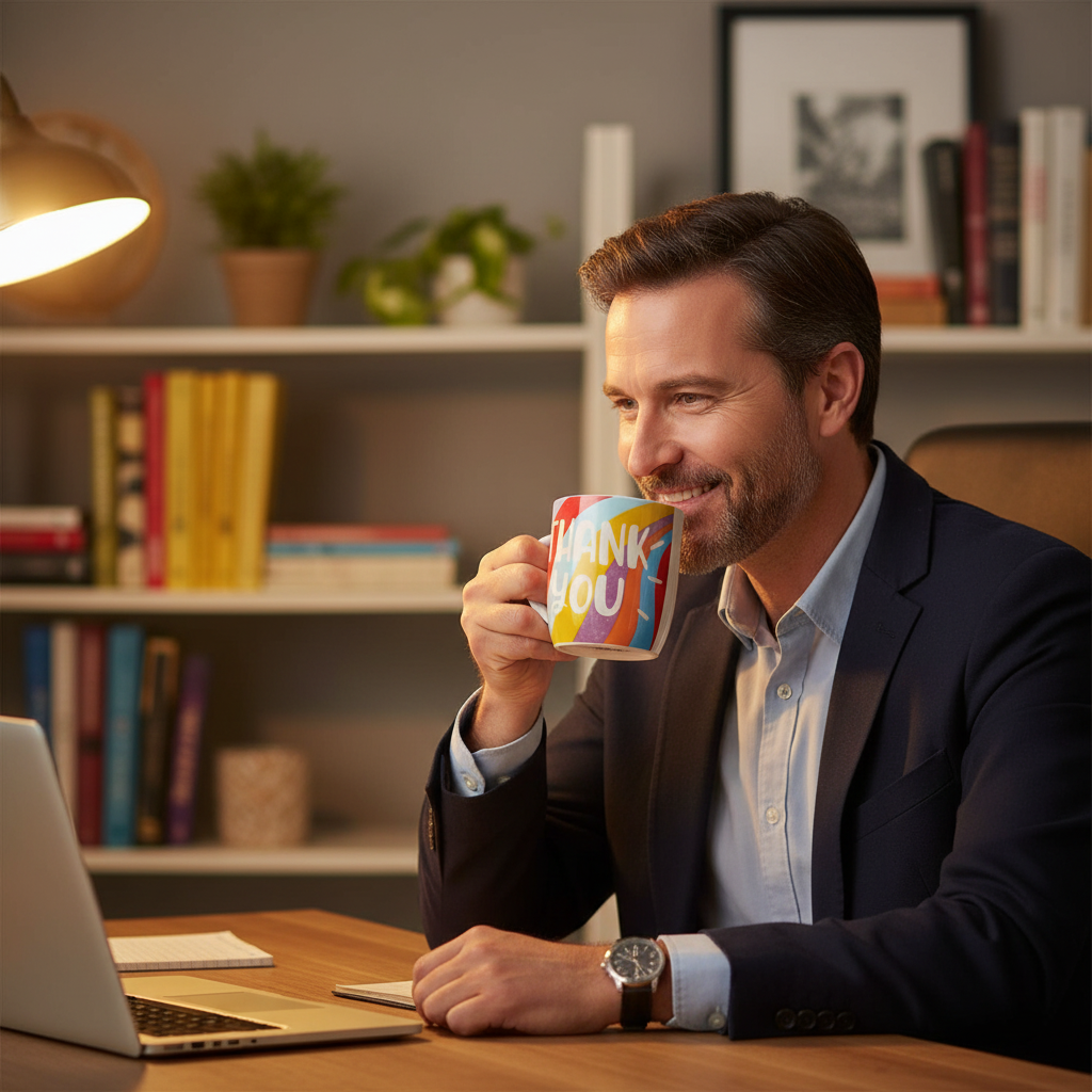 Man drinking from a Gift Mug Thank You at a tidy home office desk with warm lamp light and plants