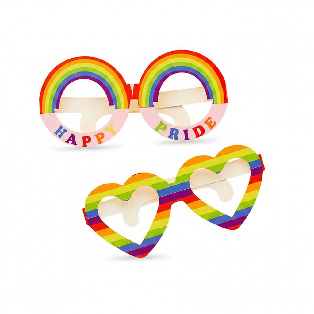 Two pairs of Gay Pride cardboard novelty glasses on pure white studio background — round rainbow HAPPY PRIDE frames and heart-shaped rainbow striped frames