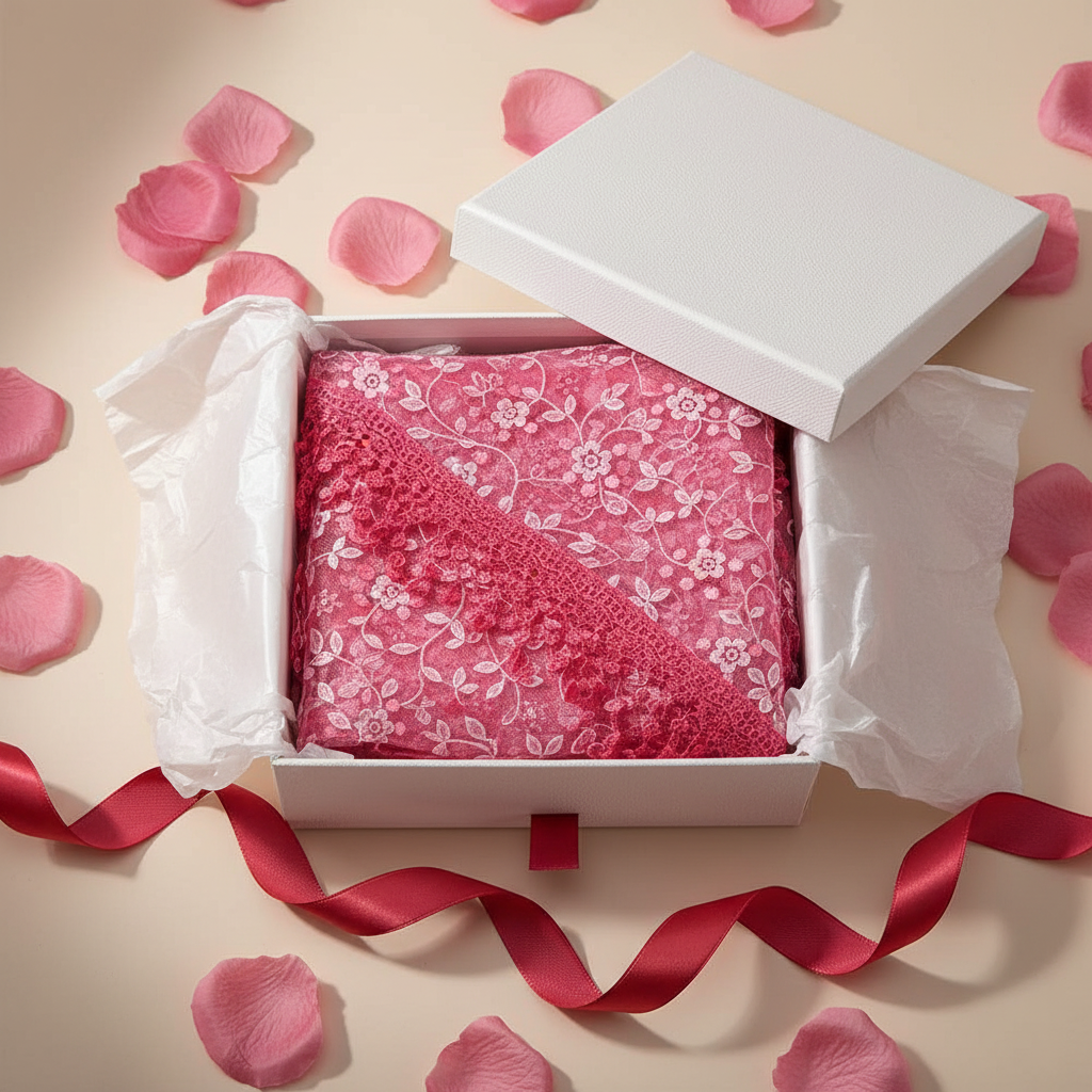Rose red triangle lace scarf elegantly presented in a white gift box with tissue paper, ribbon and rose petals