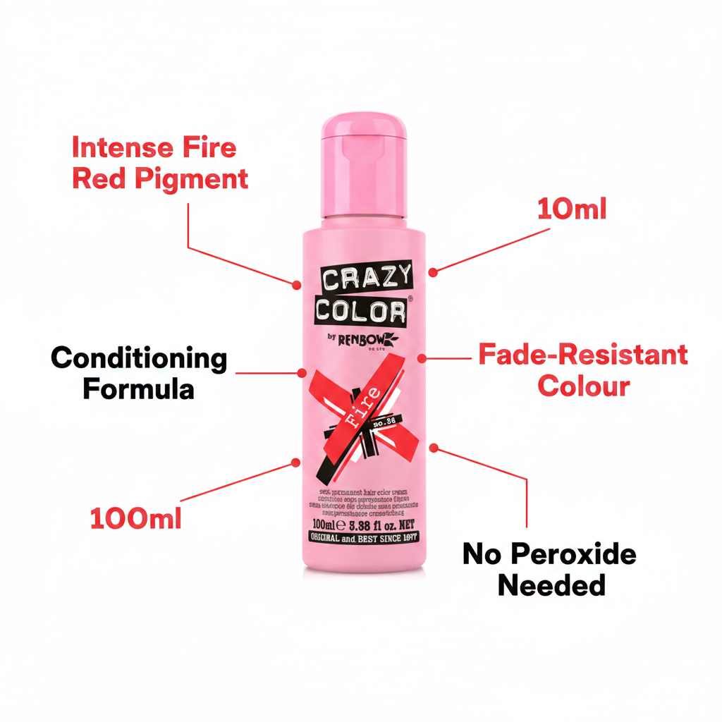 Crazy Color Fire Red Hair Dye 100ml feature infographic highlighting intense pigment, conditioning formula, fade-resistant colour, no peroxide needed and 100ml size