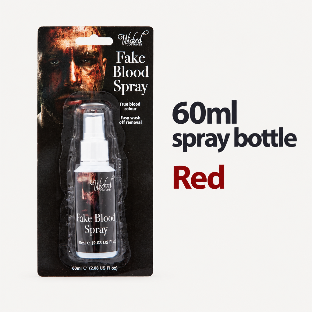 Front of the Wicked Costumes fake blood spray pack beside 60ml spray bottle and red product details.