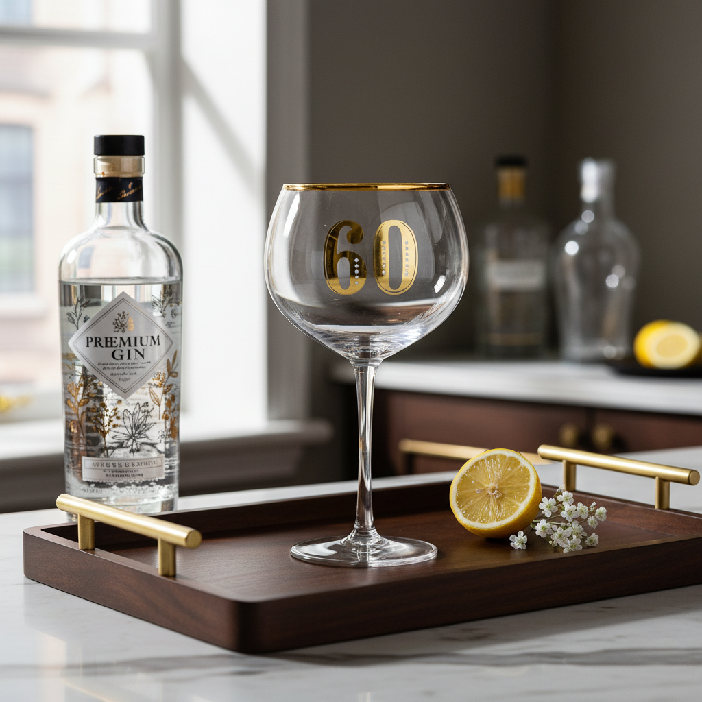 Art Deco 60th Birthday Gin Glass styled on a luxury home bar with natural window light and premium gin bottle