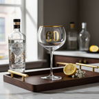Art Deco 60th Birthday Gin Glass styled on a luxury home bar with natural window light and premium gin bottle