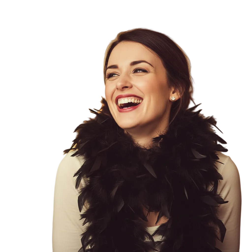 Woman playfully wrapping a deep matte black feather boa around her neck, candid lifestyle photography with bokeh background