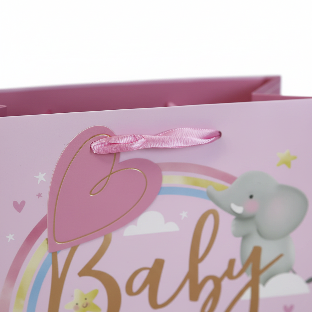 Close-up of pink satin ribbon handles on baby girl gift bag