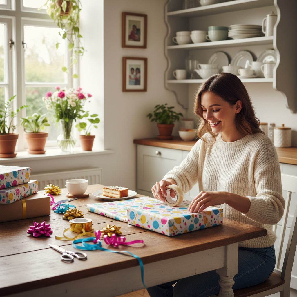 Woman wrapping a birthday gift using clear adhesive tape at a kitchen table with colourful wrapping paper