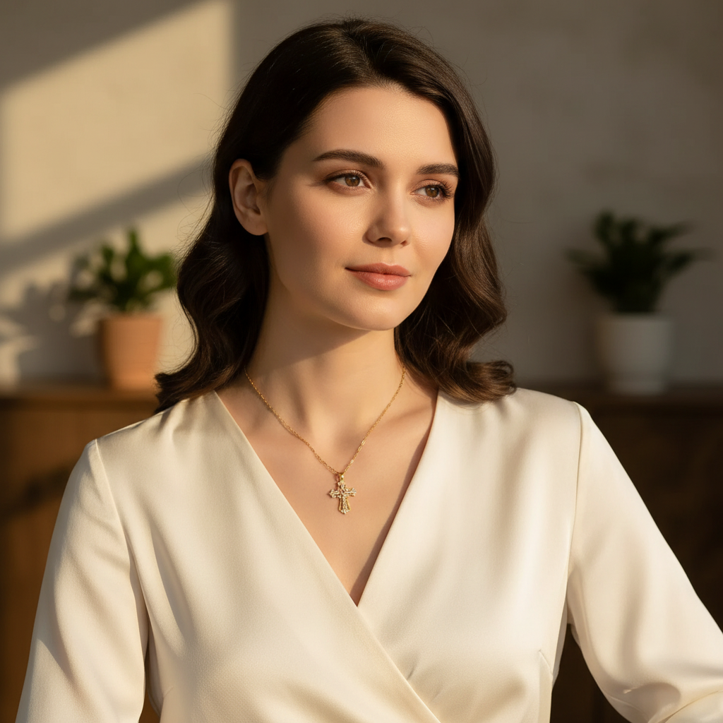 Woman wearing elegant gold cross pendant necklace - lifestyle fashion photography showing how beautiful the necklace looks