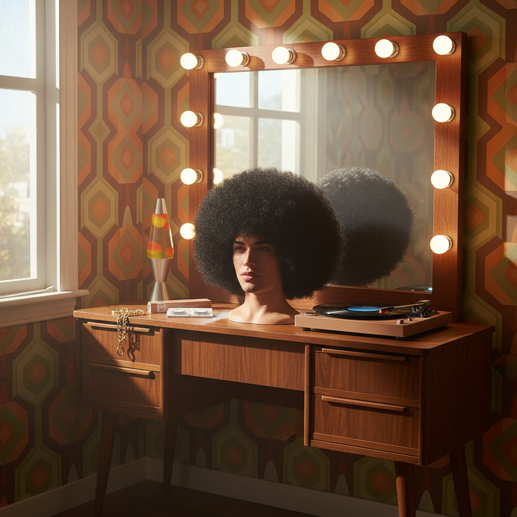 Giant Black Afro Wig displayed on a dressing table with retro 70s decor and mirror lights