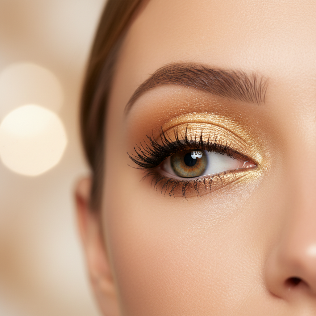 Beautiful eye makeup featuring Laval Pearl Eye Shader Gold rich shimmer eyeshadow finish