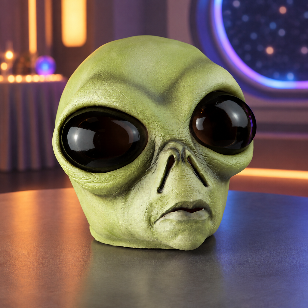 Green alien mask displayed on a tabletop in a softly lit sci-fi setting