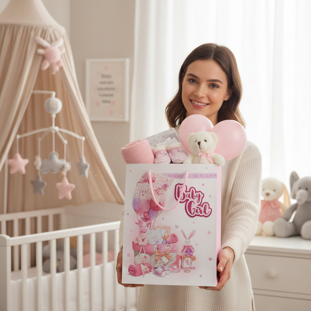 Pink baby girl gift bag in nursery room with baby gifts and decorations