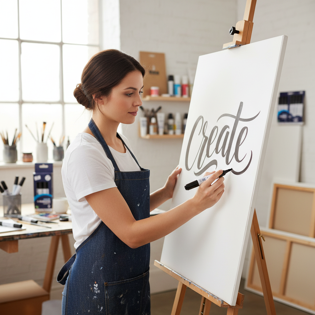 Female artist creating bold hand lettering with a Tallon black chisel tip permanent marker in a studio