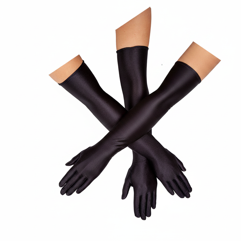 Ladies long black satin over-the-elbow gloves 50cm studio product shot on white background