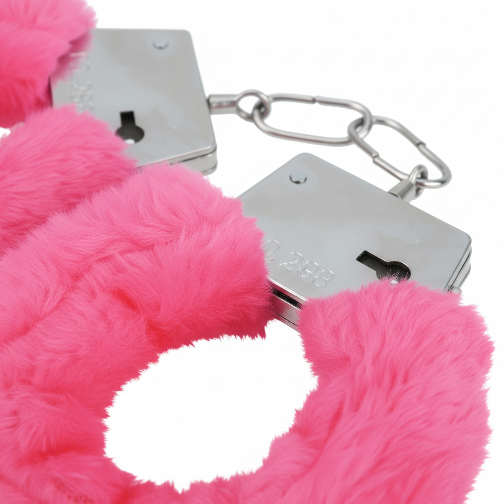 Close up of soft pink fur and silver metal clasp on hen party handcuffs