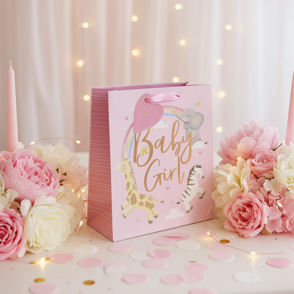 Pink Baby Girl Gift Bag styled on a pastel baby shower table