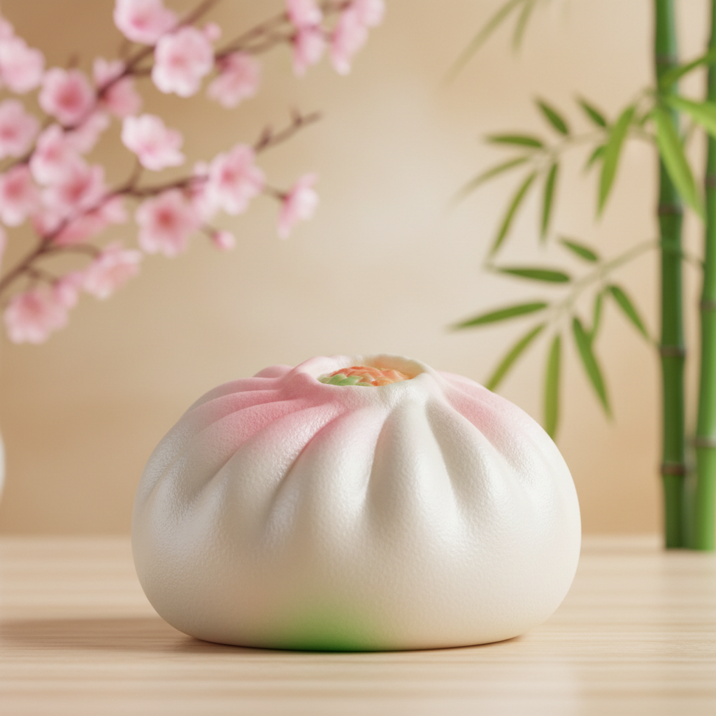 Squishy Dumpling Toy 8.5cm displayed on Asian-inspired cherry blossom background
