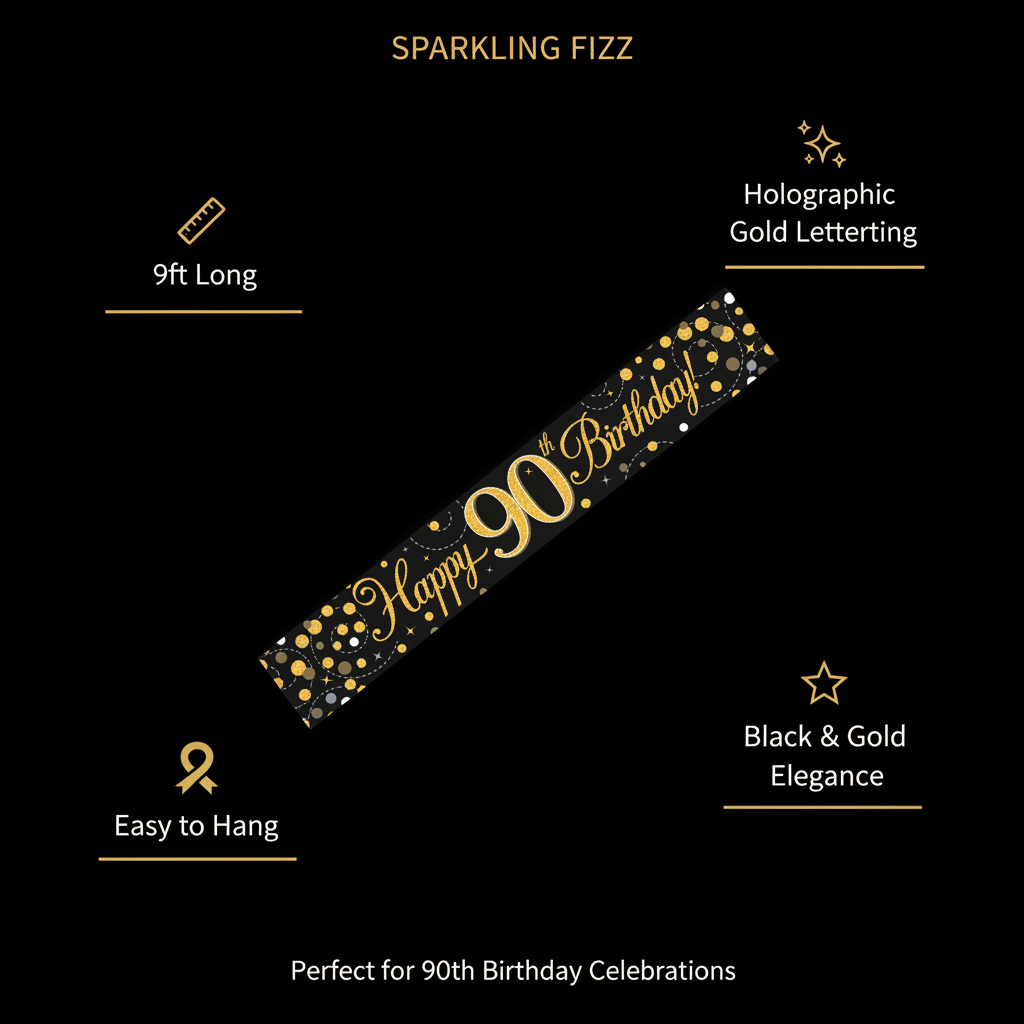 9ft Sparkling Fizz Happy 90th Birthday Party Banner – Black & Gold Holographic Lettering, 9 Feet Long, Easy to Hang – Elegant Milestone Birthday Decoration