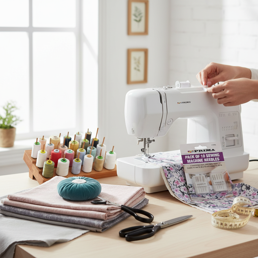 Beautifully organized sewing station with machine needle pack, modern sewing machine and premium crafting supplies