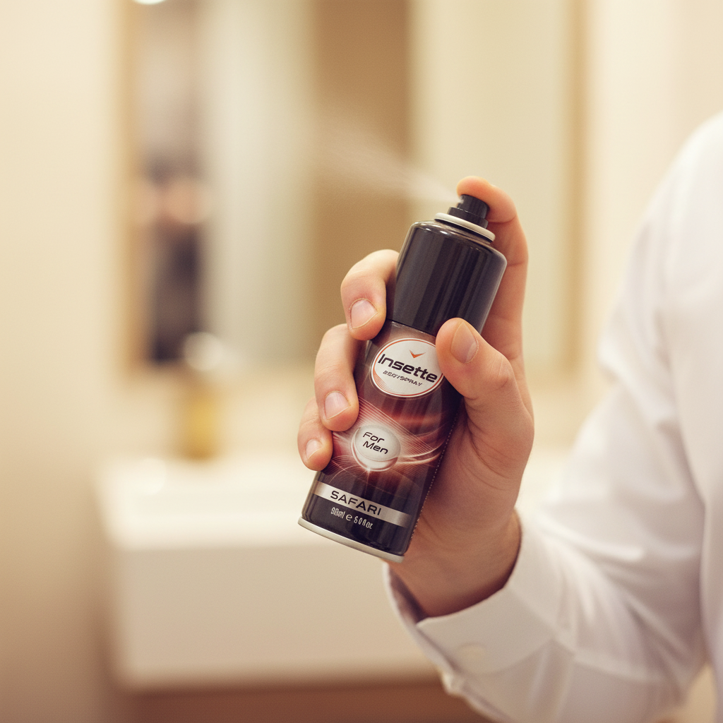 Man in white shirt spraying Insette Safari 150ml body spray, candid lifestyle shot with creamy bokeh background