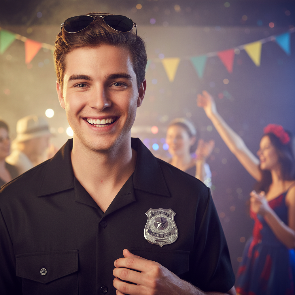 Person wearing silver police badge on costume at party - lifestyle image showing authentic look