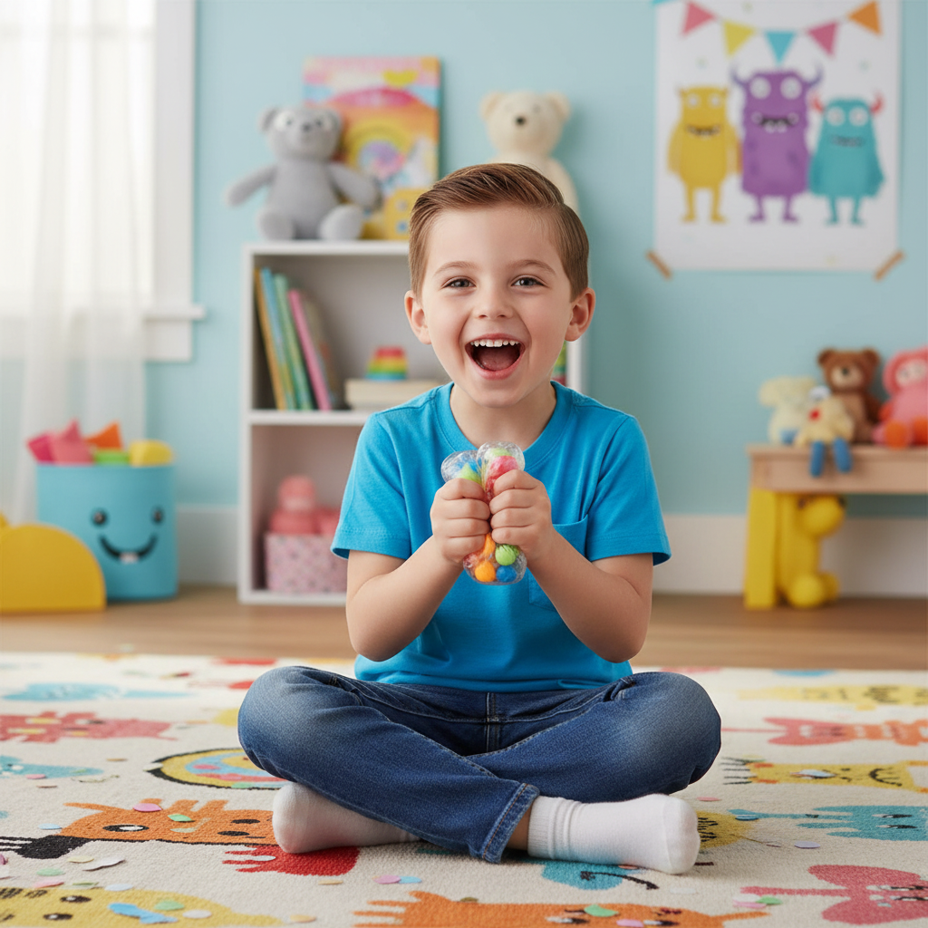 Happy child playing with a colourful sensory squishy toy on bedroom floor