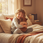 Happy child hugging a Cuddly Capybara plush toy on a cosy bed, warm satisfying outcome scene