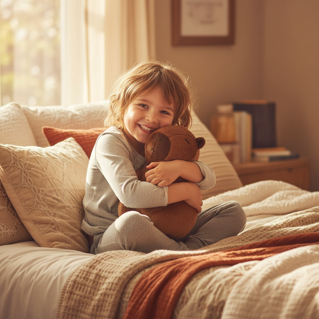Happy child hugging a Cuddly Capybara plush toy on a cosy bed, warm satisfying outcome scene