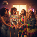 Women wearing neon bead bracelets at a vibrant 1980s themed party, golden hour lighting