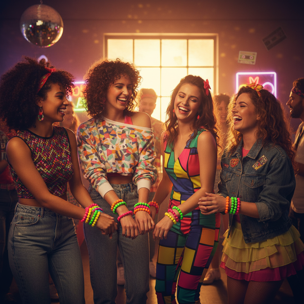 Women wearing neon bead bracelets at a vibrant 1980s themed party, golden hour lighting