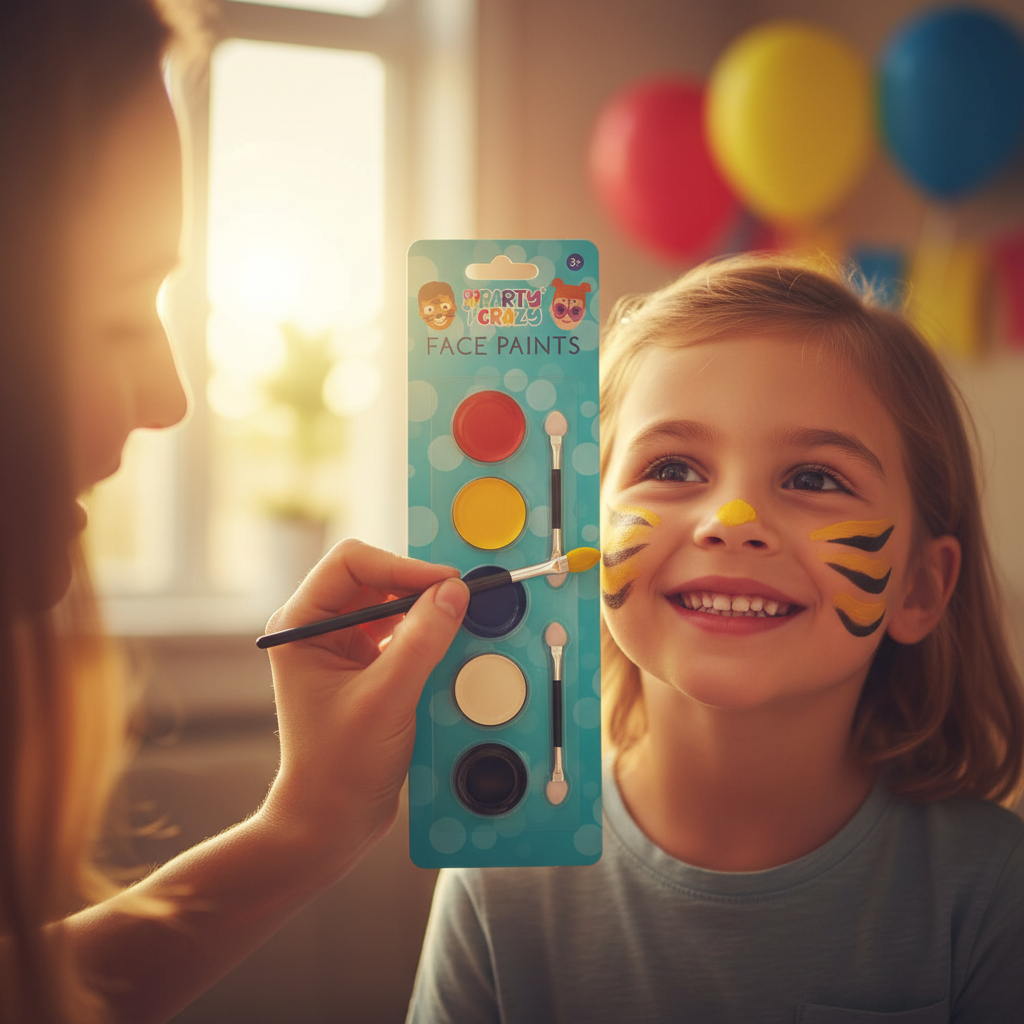 Child's face being painted at a birthday party with the Party Crazy face paint set, warm golden hour light and colourful balloon bokeh background