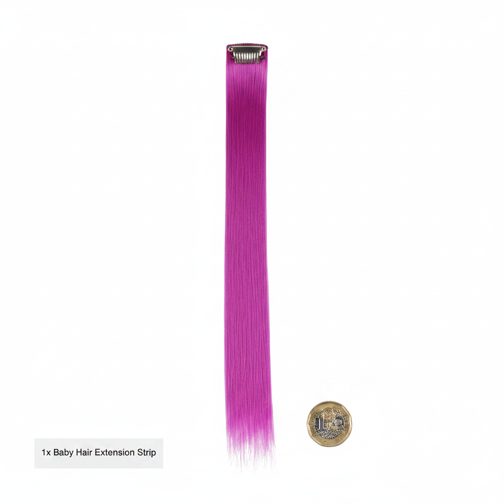 Stargazer Baby Hair Extension Fuchsia flat lay beside a pound coin showing product size and scale