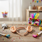 Funny big ears novelty headband on rustic wooden surface with party props and confetti