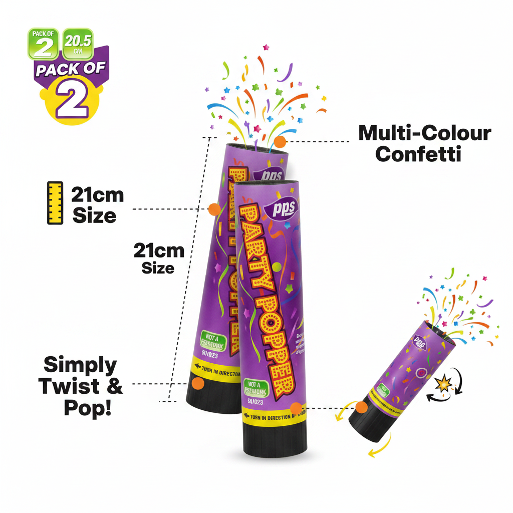 Colour Confetti Cannon Party Poppers 21cm - Feature Infographic