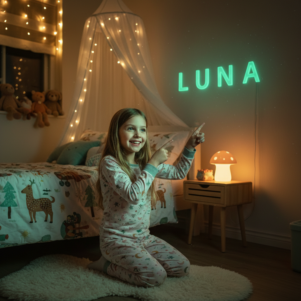 Young girl pointing excitedly at glow in the dark alphabet letters spelling her name on a bedroom wall in the dark