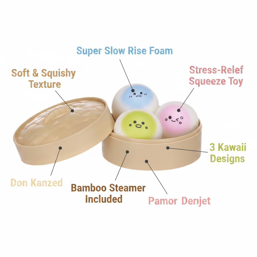 Kawaii squishy bao bun dumplings 3-pack infographic showing key features: super slow rise foam, 3 kawaii designs, bamboo steamer included, stress relief squeeze toy