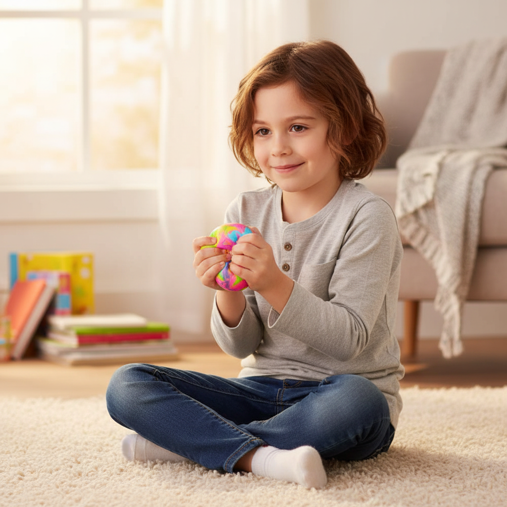 Happy child holding a squishy graffiti ball, warm lifestyle scene showing the satisfying result of owning this fun sensory toy