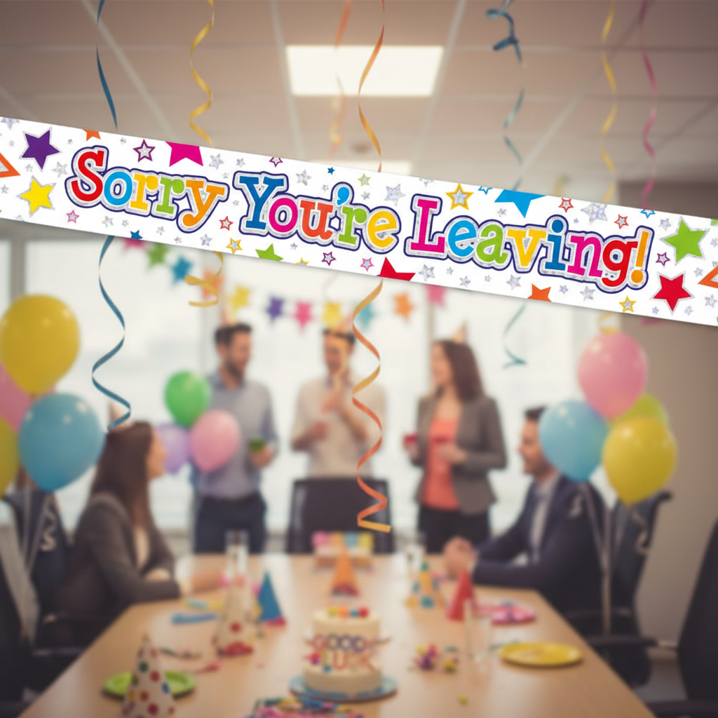 9ft Sorry You're Leaving Stars banner displayed at office farewell party with celebration decorations