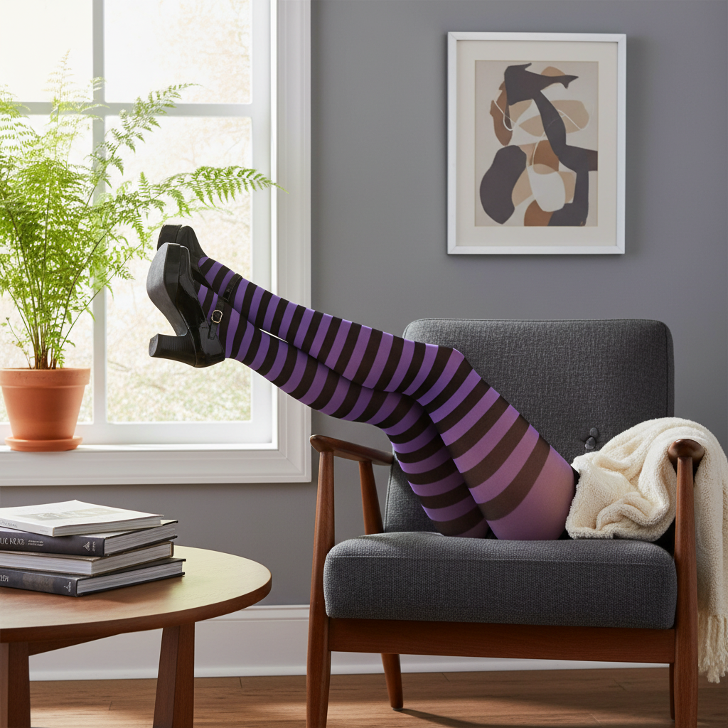 Womens legs in purple and black striped tights in a stylish living room setting with natural window light