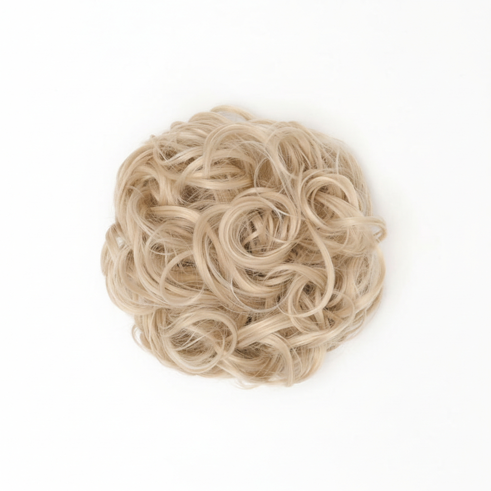 Heat resistant curly messy hair bun in warm blonde 101 New Love shade on pure white background, Amazon and eBay compliant hero shot