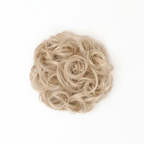 Heat resistant curly messy hair bun in warm blonde 101 New Love shade on pure white background, Amazon and eBay compliant hero shot